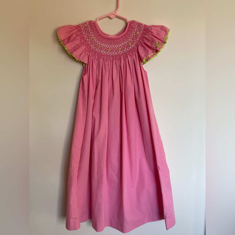 Mom & Me Pink with Beaded Detailed Smocked Bishop Dress Girls Size 6